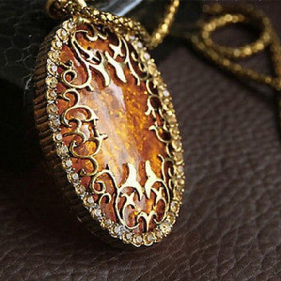 Vintage Styled Amber Hollow Long chain Sweater Pendant Necklace - Picture 7 of 8
